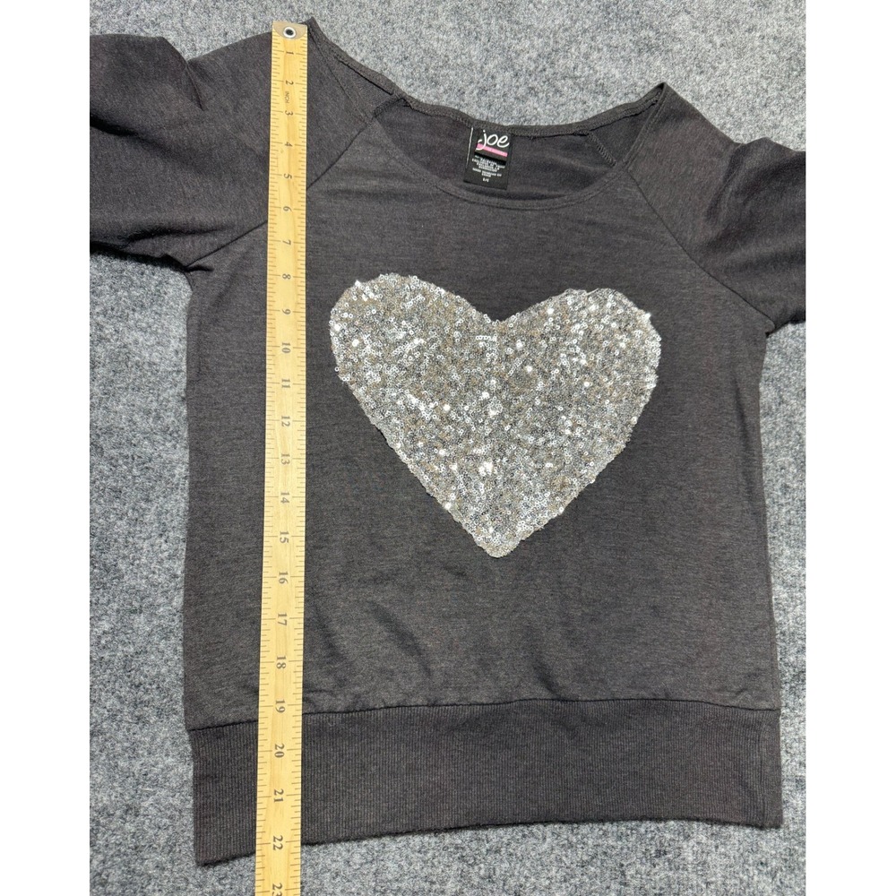 Joe Boxer Sequin Heart Sparkle Long Sleeve Top Womens S Charcoal Grey Sweatshirt - Picture 3 of 7